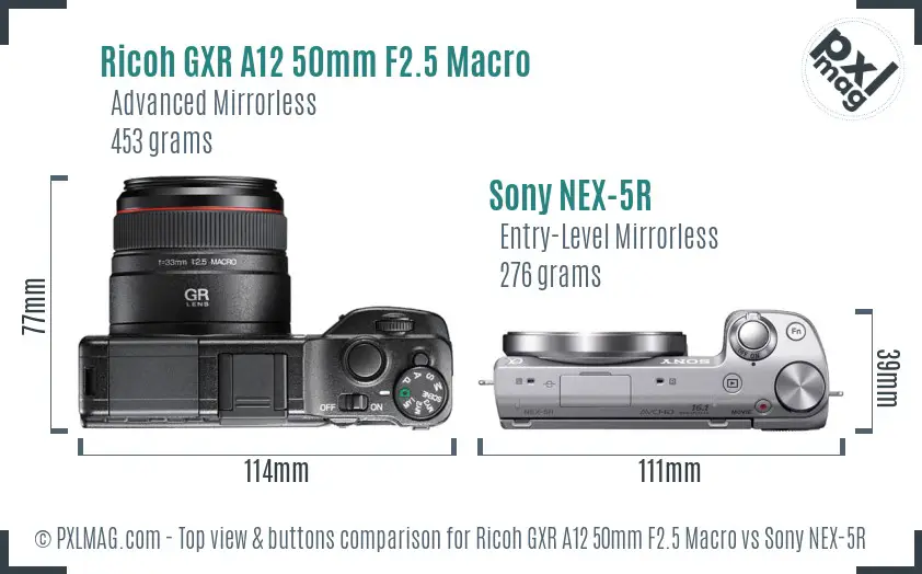 Ricoh GXR A12 50mm F2.5 Macro vs Sony NEX-5R top view buttons comparison