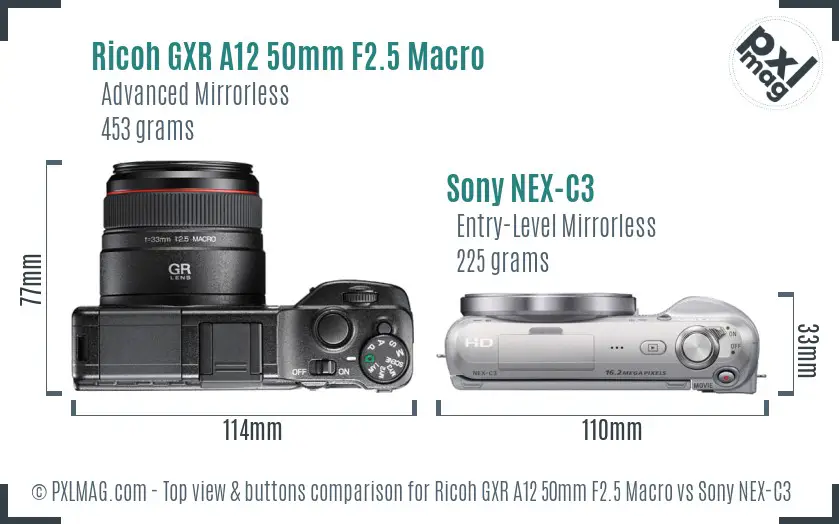 Ricoh GXR A12 50mm F2.5 Macro vs Sony NEX-C3 top view buttons comparison
