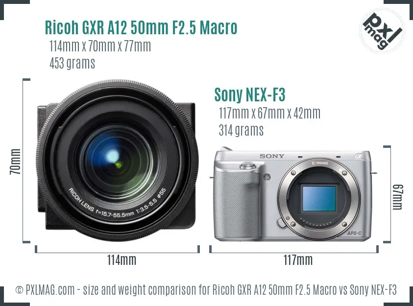 Ricoh GXR A12 50mm F2.5 Macro vs Sony NEX-F3 size comparison