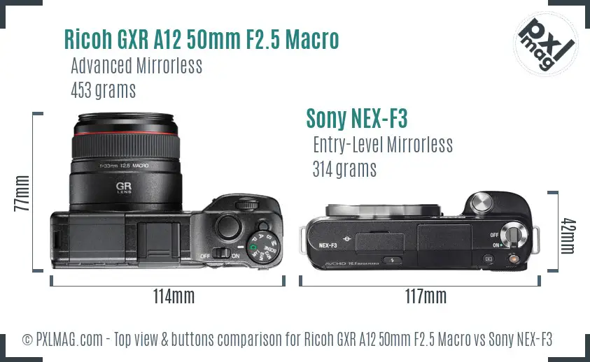 Ricoh GXR A12 50mm F2.5 Macro vs Sony NEX-F3 top view buttons comparison