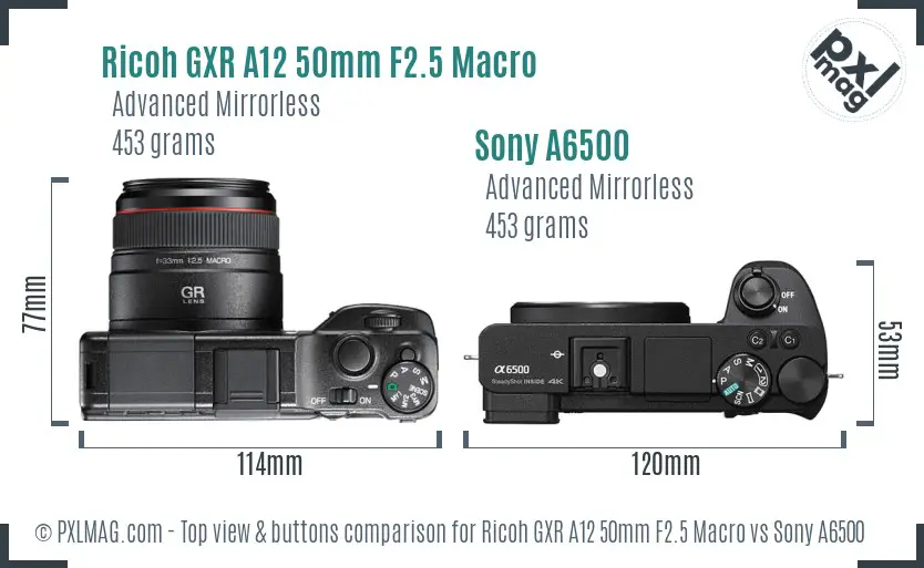 Ricoh GXR A12 50mm F2.5 Macro vs Sony A6500 top view buttons comparison