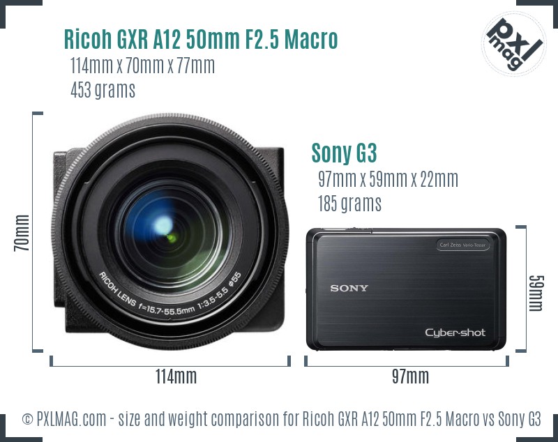 Ricoh GXR A12 50mm F2.5 Macro vs Sony G3 size comparison