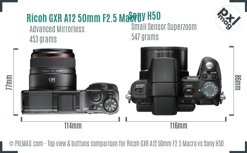 Ricoh GXR A12 50mm F2.5 Macro vs Sony H50 top view buttons comparison Ricoh GXR A12 50mm F2.5 Macro vs Sony H50 top view buttons comparison