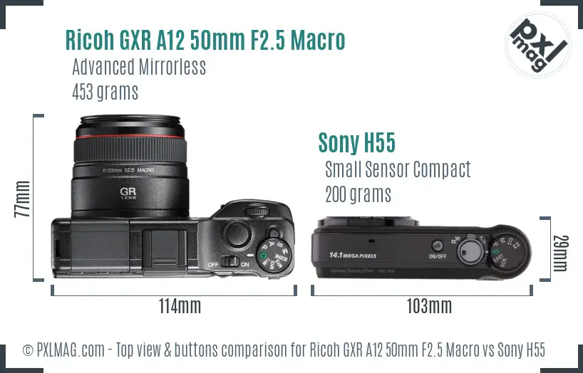 Ricoh GXR A12 50mm F2.5 Macro vs Sony H55 top view buttons comparison Ricoh GXR A12 50mm F2.5 Macro vs Sony H55 top view buttons comparison