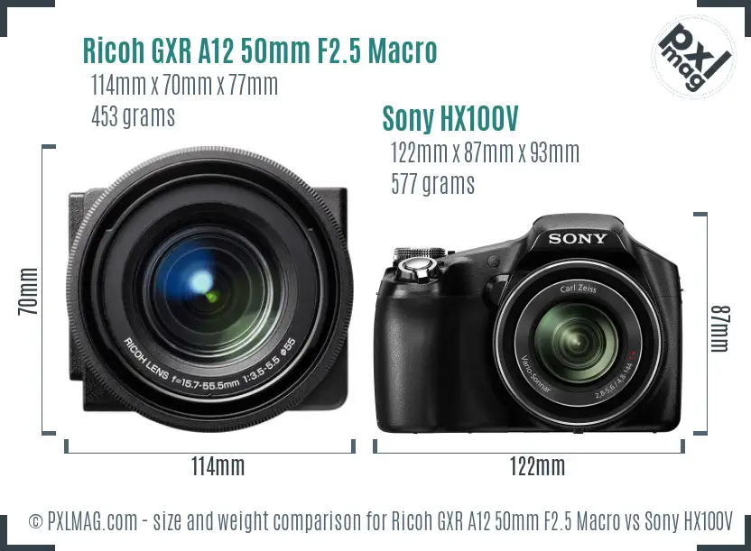 Ricoh GXR A12 50mm F2.5 Macro vs Sony HX100V size comparison Ricoh GXR A12 50mm F2.5 Macro vs Sony HX100V size comparison