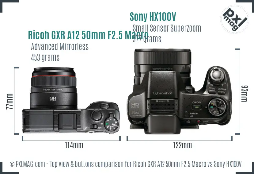 Ricoh GXR A12 50mm F2.5 Macro vs Sony HX100V top view buttons comparison Ricoh GXR A12 50mm F2.5 Macro vs Sony HX100V top view buttons comparison