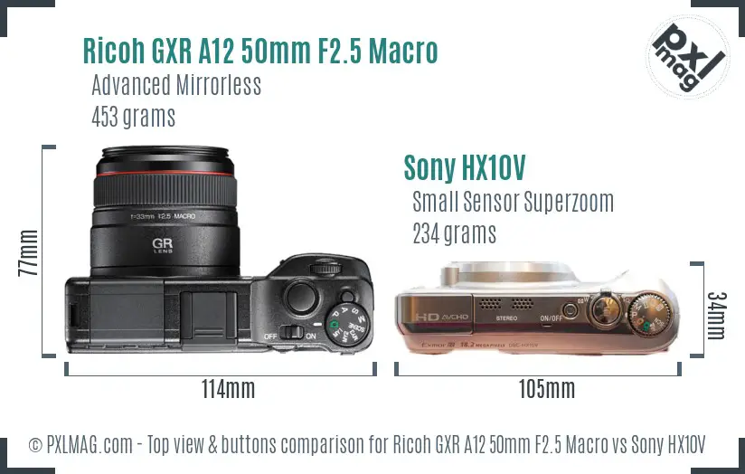 Ricoh GXR A12 50mm F2.5 Macro vs Sony HX10V top view buttons comparison Ricoh GXR A12 50mm F2.5 Macro vs Sony HX10V top view buttons comparison