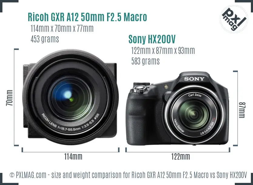 Ricoh GXR A12 50mm F2.5 Macro vs Sony HX200V size comparison Ricoh GXR A12 50mm F2.5 Macro vs Sony HX200V size comparison