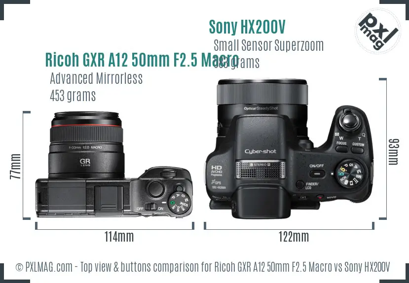 Ricoh GXR A12 50mm F2.5 Macro vs Sony HX200V top view buttons comparison Ricoh GXR A12 50mm F2.5 Macro vs Sony HX200V top view buttons comparison