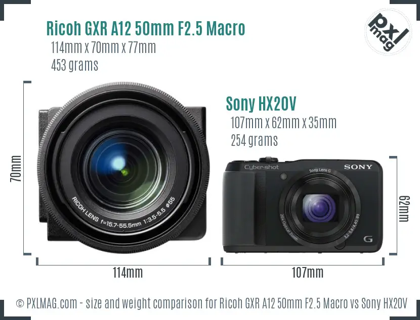 Ricoh GXR A12 50mm F2.5 Macro vs Sony HX20V size comparison