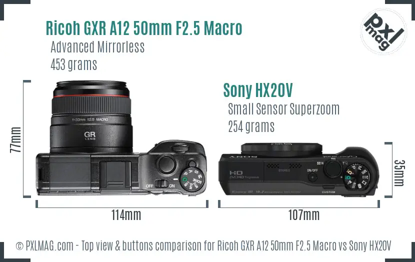 Ricoh GXR A12 50mm F2.5 Macro vs Sony HX20V top view buttons comparison