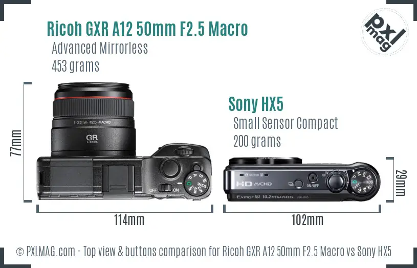 Ricoh GXR A12 50mm F2.5 Macro vs Sony HX5 top view buttons comparison