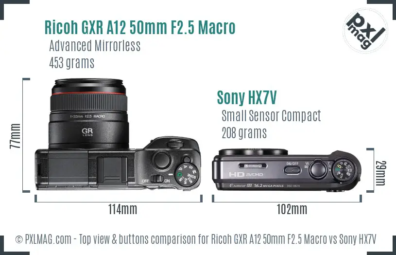 Ricoh GXR A12 50mm F2.5 Macro vs Sony HX7V top view buttons comparison Ricoh GXR A12 50mm F2.5 Macro vs Sony HX7V top view buttons comparison