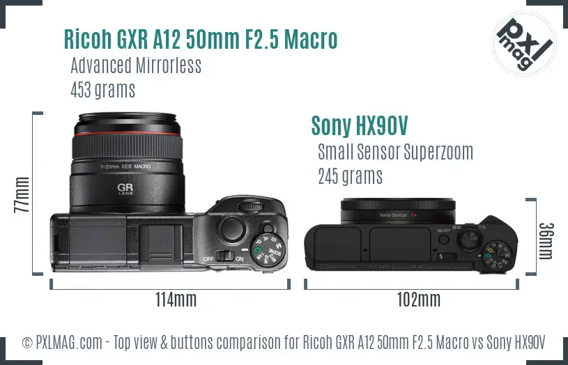 Ricoh GXR A12 50mm F2.5 Macro vs Sony HX90V top view buttons comparison