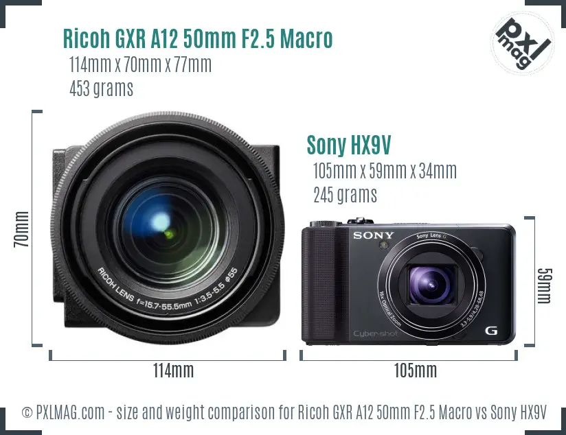 Ricoh GXR A12 50mm F2.5 Macro vs Sony HX9V size comparison Ricoh GXR A12 50mm F2.5 Macro vs Sony HX9V size comparison