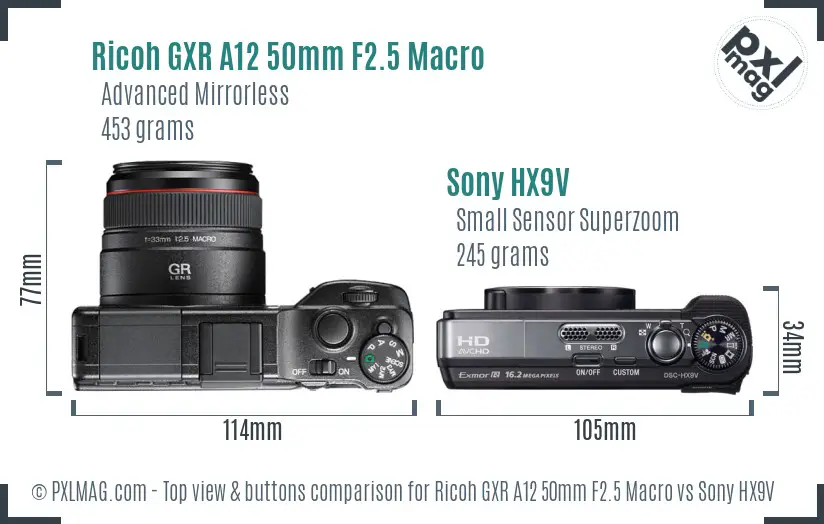 Ricoh GXR A12 50mm F2.5 Macro vs Sony HX9V top view buttons comparison Ricoh GXR A12 50mm F2.5 Macro vs Sony HX9V top view buttons comparison