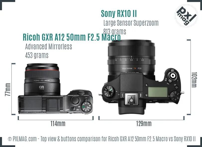 Ricoh GXR A12 50mm F2.5 Macro vs Sony RX10 II top view buttons comparison