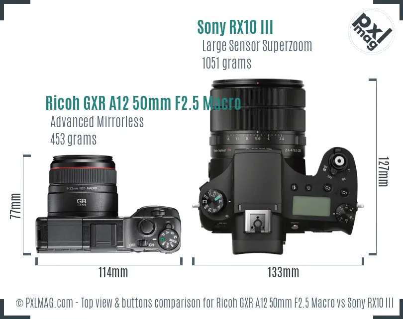 Ricoh GXR A12 50mm F2.5 Macro vs Sony RX10 III top view buttons comparison