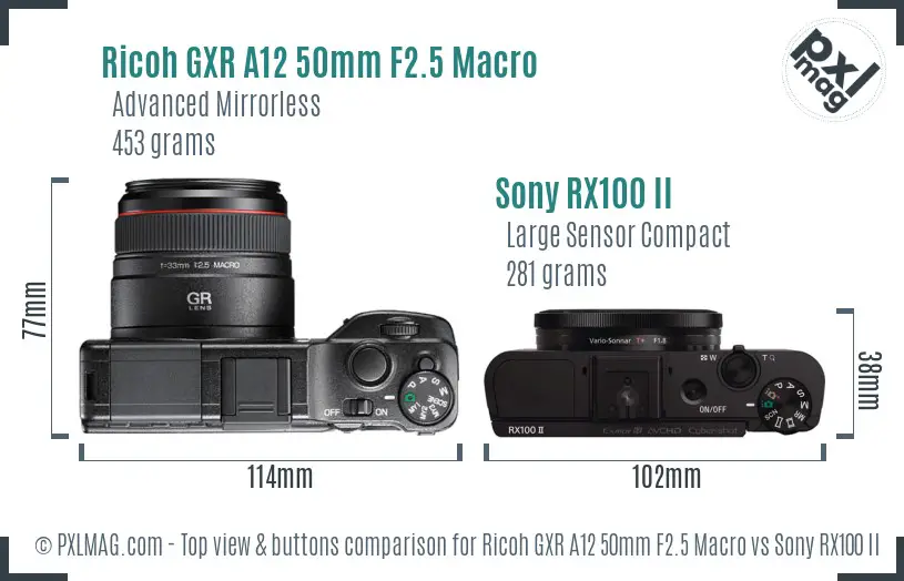 Ricoh GXR A12 50mm F2.5 Macro vs Sony RX100 II top view buttons comparison
