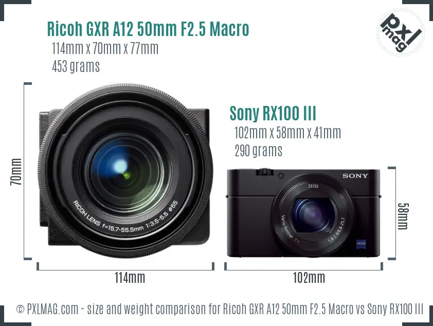 Ricoh GXR A12 50mm F2.5 Macro vs Sony RX100 III size comparison Ricoh GXR A12 50mm F2.5 Macro vs Sony RX100 III size comparison