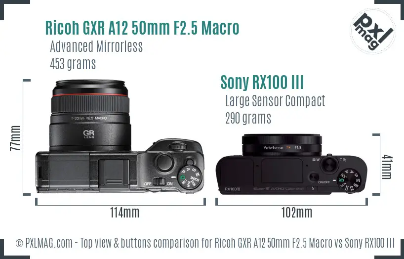 Ricoh GXR A12 50mm F2.5 Macro vs Sony RX100 III top view buttons comparison Ricoh GXR A12 50mm F2.5 Macro vs Sony RX100 III top view buttons comparison