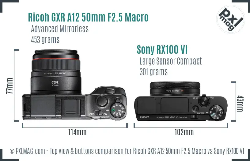 Ricoh GXR A12 50mm F2.5 Macro vs Sony RX100 VI top view buttons comparison