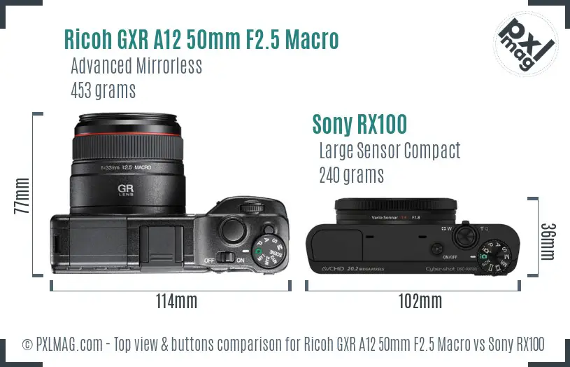 Ricoh GXR A12 50mm F2.5 Macro vs Sony RX100 top view buttons comparison