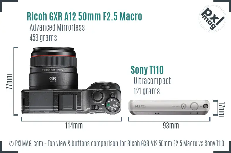 Ricoh GXR A12 50mm F2.5 Macro vs Sony T110 top view buttons comparison