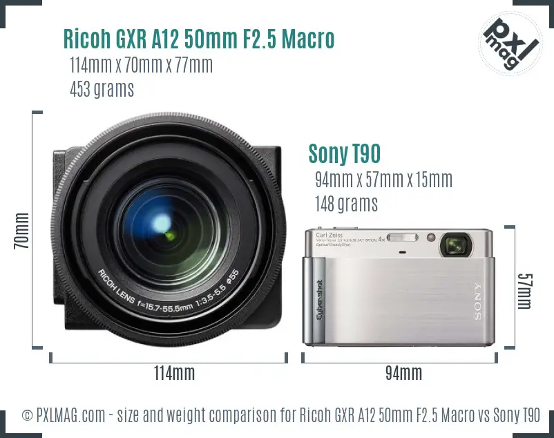 Ricoh GXR A12 50mm F2.5 Macro vs Sony T90 size comparison