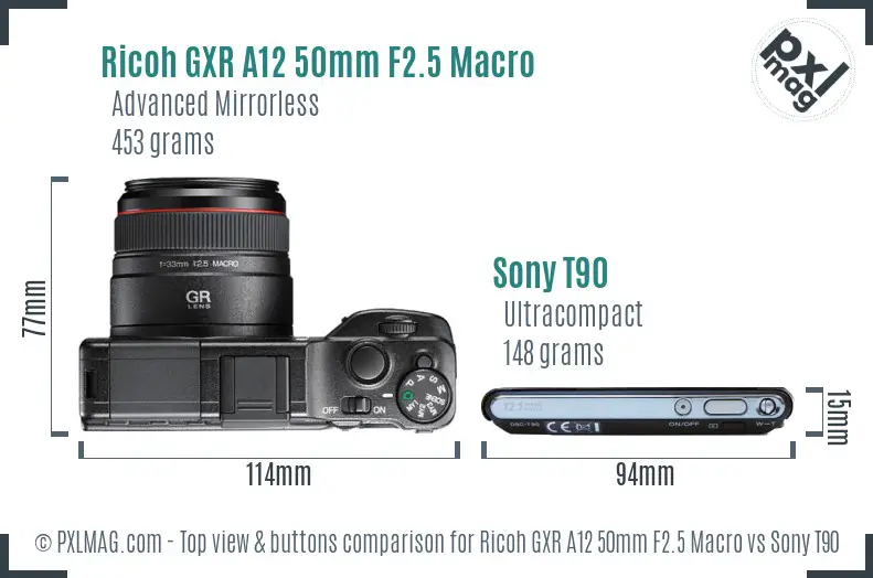 Ricoh GXR A12 50mm F2.5 Macro vs Sony T90 top view buttons comparison