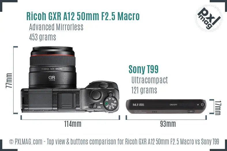Ricoh GXR A12 50mm F2.5 Macro vs Sony T99 top view buttons comparison