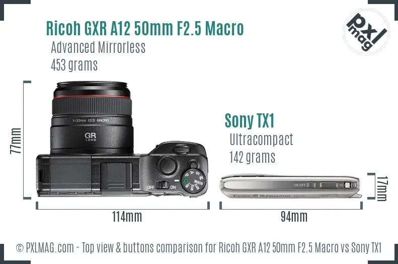 Ricoh GXR A12 50mm F2.5 Macro vs Sony TX1 top view buttons comparison