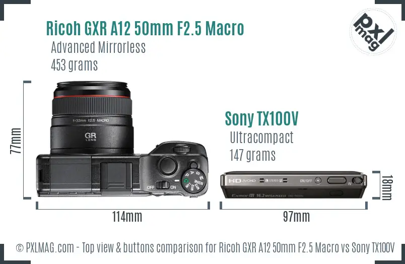 Ricoh GXR A12 50mm F2.5 Macro vs Sony TX100V top view buttons comparison