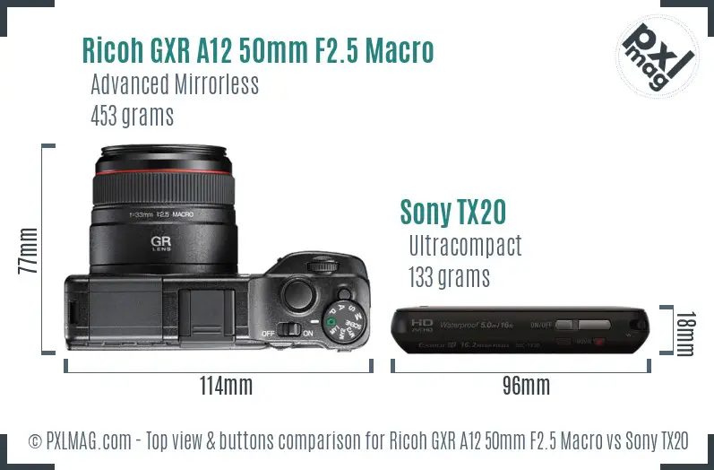 Ricoh GXR A12 50mm F2.5 Macro vs Sony TX20 top view buttons comparison