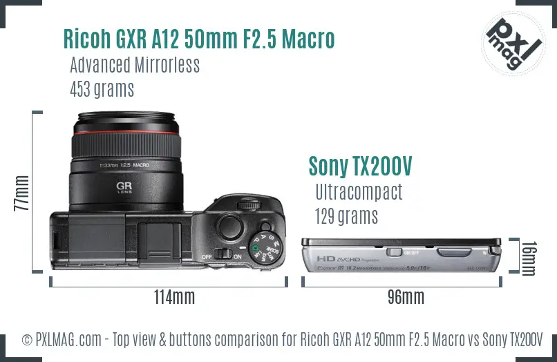 Ricoh GXR A12 50mm F2.5 Macro vs Sony TX200V top view buttons comparison