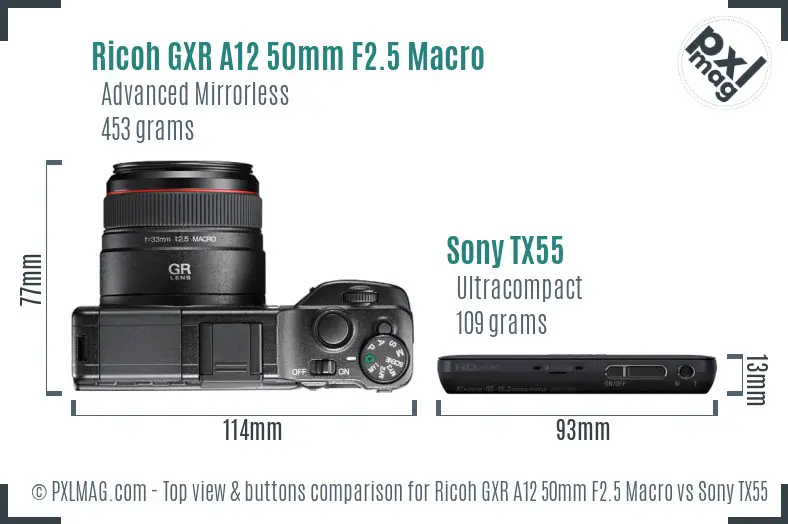 Ricoh GXR A12 50mm F2.5 Macro vs Sony TX55 top view buttons comparison