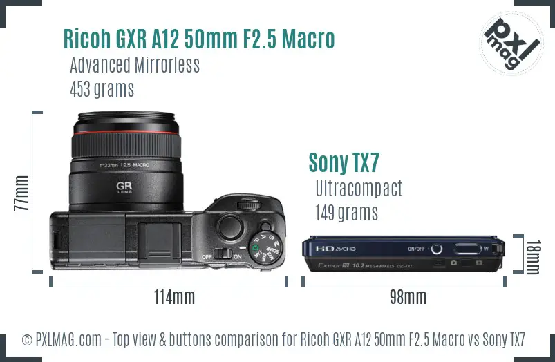 Ricoh GXR A12 50mm F2.5 Macro vs Sony TX7 top view buttons comparison