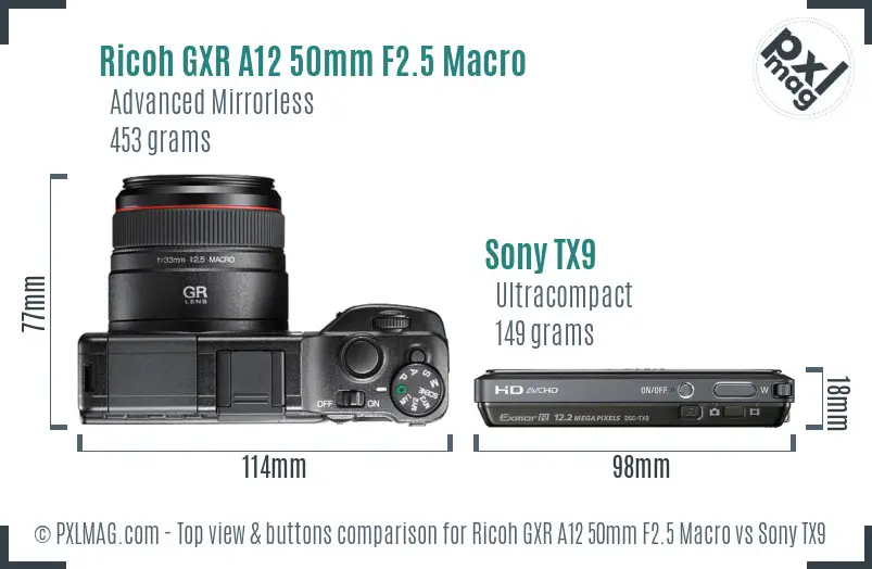Ricoh GXR A12 50mm F2.5 Macro vs Sony TX9 top view buttons comparison