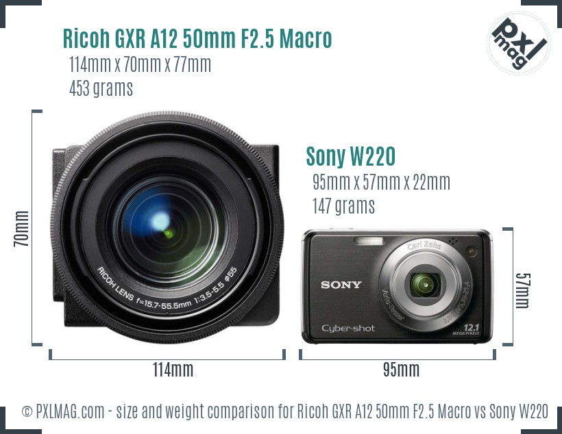 Ricoh GXR A12 50mm F2.5 Macro vs Sony W220 size comparison