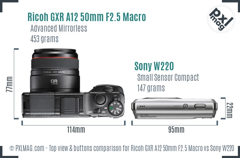 Ricoh GXR A12 50mm F2.5 Macro vs Sony W220 top view buttons comparison