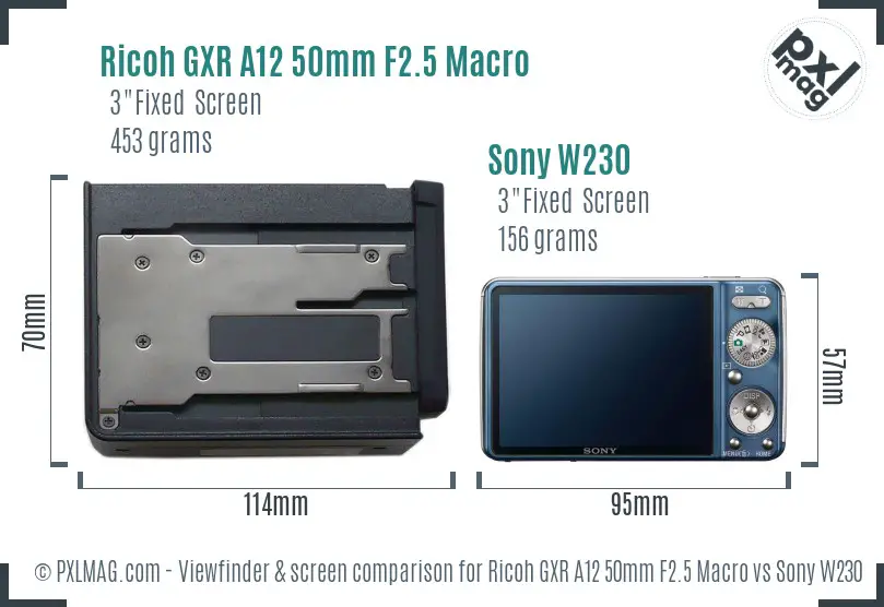 Ricoh GXR A12 50mm F2.5 Macro vs Sony W230 Screen and Viewfinder comparison