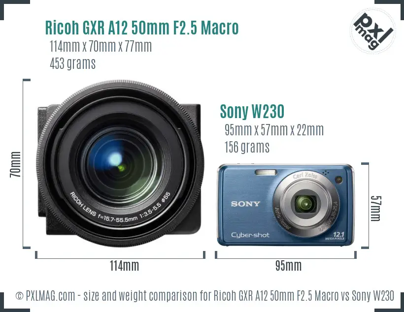 Ricoh GXR A12 50mm F2.5 Macro vs Sony W230 size comparison