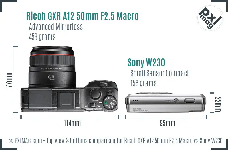 Ricoh GXR A12 50mm F2.5 Macro vs Sony W230 top view buttons comparison