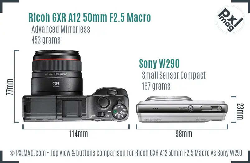 Ricoh GXR A12 50mm F2.5 Macro vs Sony W290 top view buttons comparison