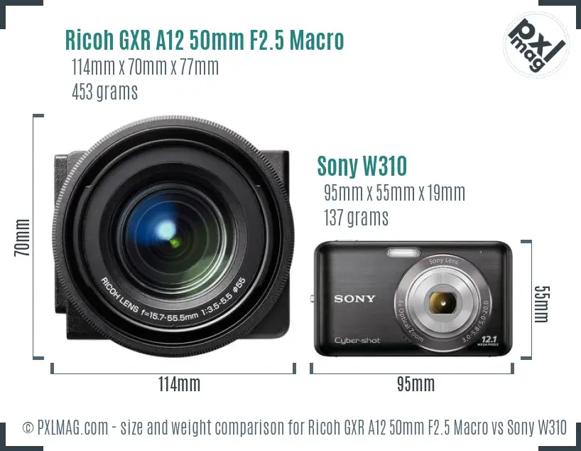 Ricoh GXR A12 50mm F2.5 Macro vs Sony W310 size comparison