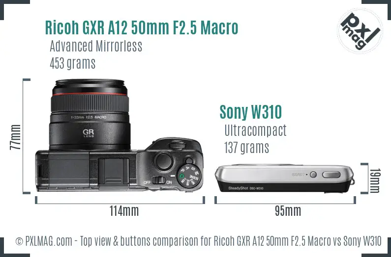 Ricoh GXR A12 50mm F2.5 Macro vs Sony W310 top view buttons comparison