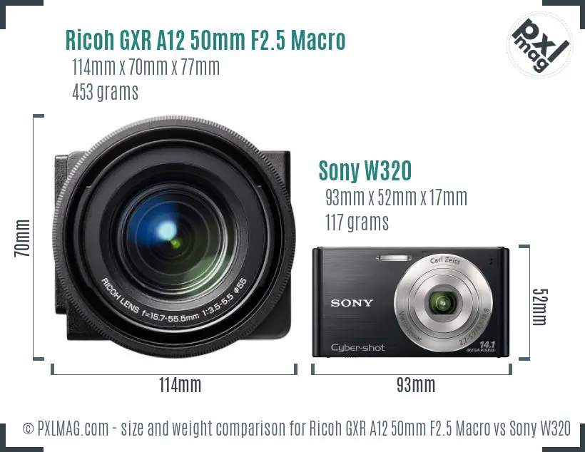 Ricoh GXR A12 50mm F2.5 Macro vs Sony W320 size comparison