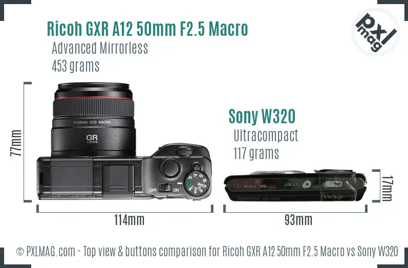 Ricoh GXR A12 50mm F2.5 Macro vs Sony W320 top view buttons comparison