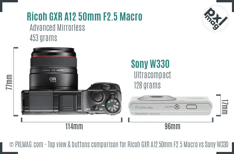 Ricoh GXR A12 50mm F2.5 Macro vs Sony W330 top view buttons comparison