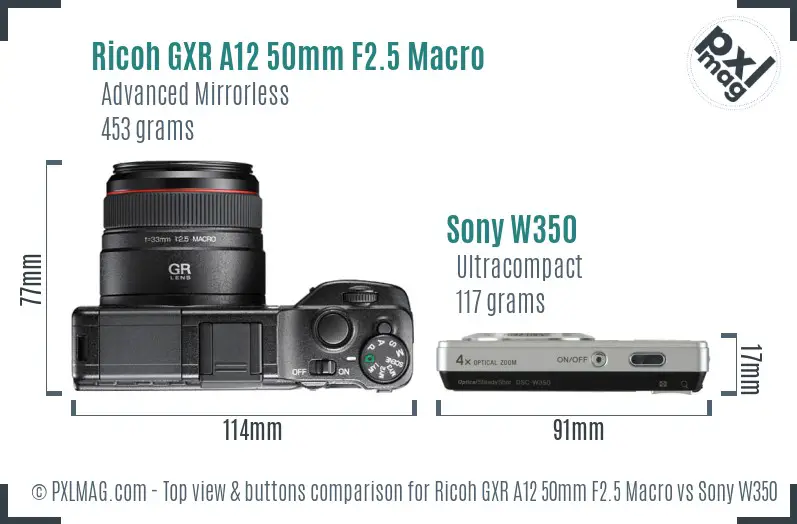 Ricoh GXR A12 50mm F2.5 Macro vs Sony W350 top view buttons comparison